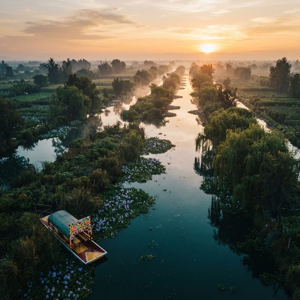 Canales de Xochimilco al amanecer con chinampas verdes y agua tranquila reflejando la luz dorada